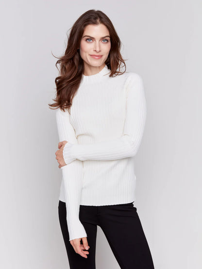 Mock Neck Ribbed Fine Sweater Knit - Ecru Sweaters Charlie B   