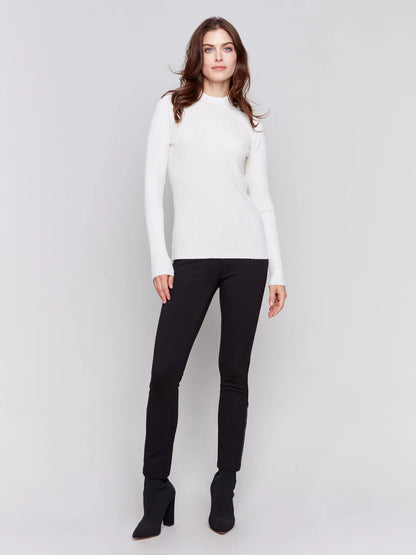 Mock Neck Ribbed Fine Sweater Knit - Ecru Sweaters Charlie B   