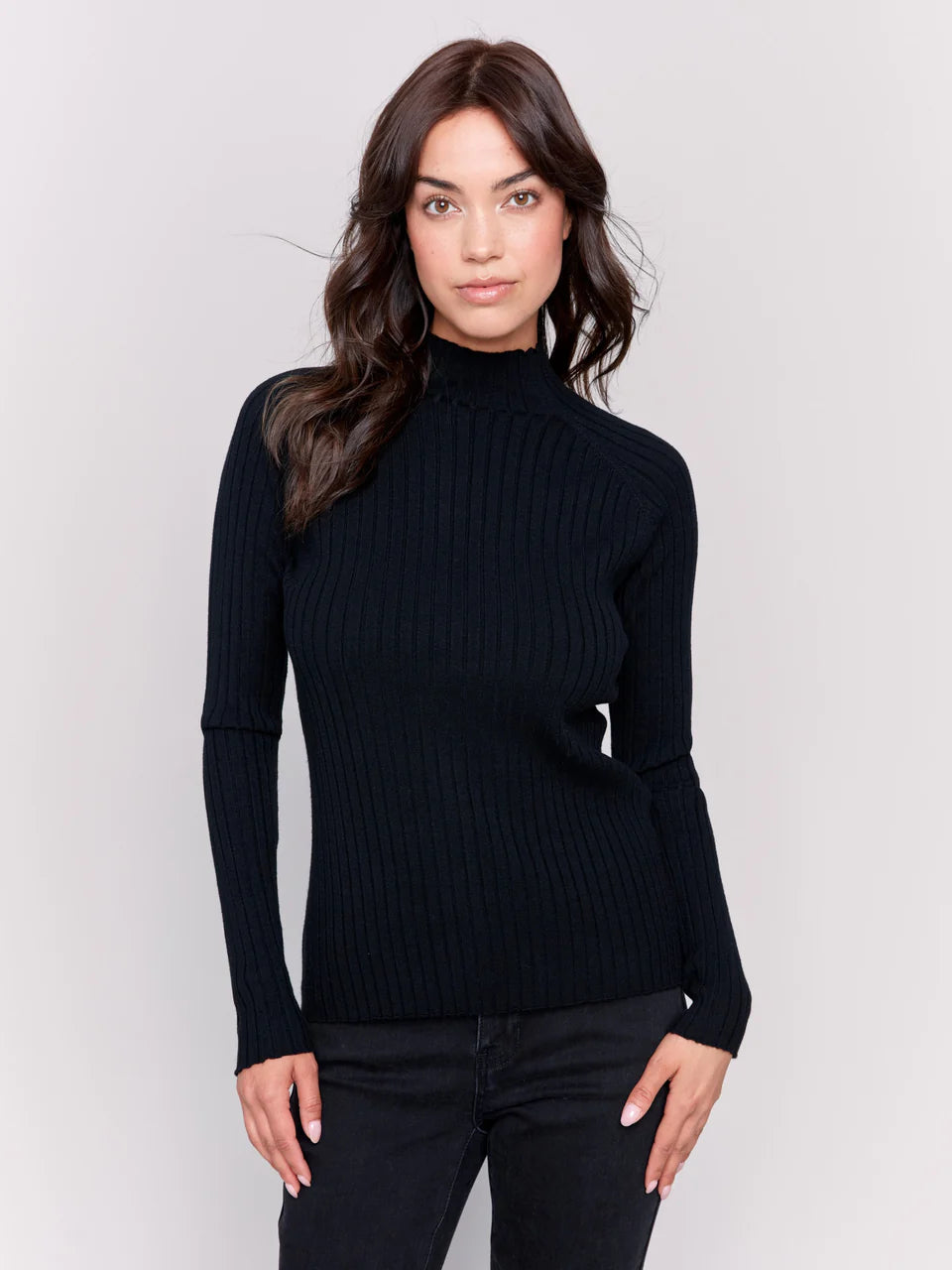 Mock Neck Ribbed Fine Sweater Knit - Black Sweaters Charlie B   