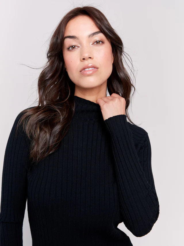 Mock Neck Ribbed Fine Sweater Knit - Black Sweaters Charlie B   