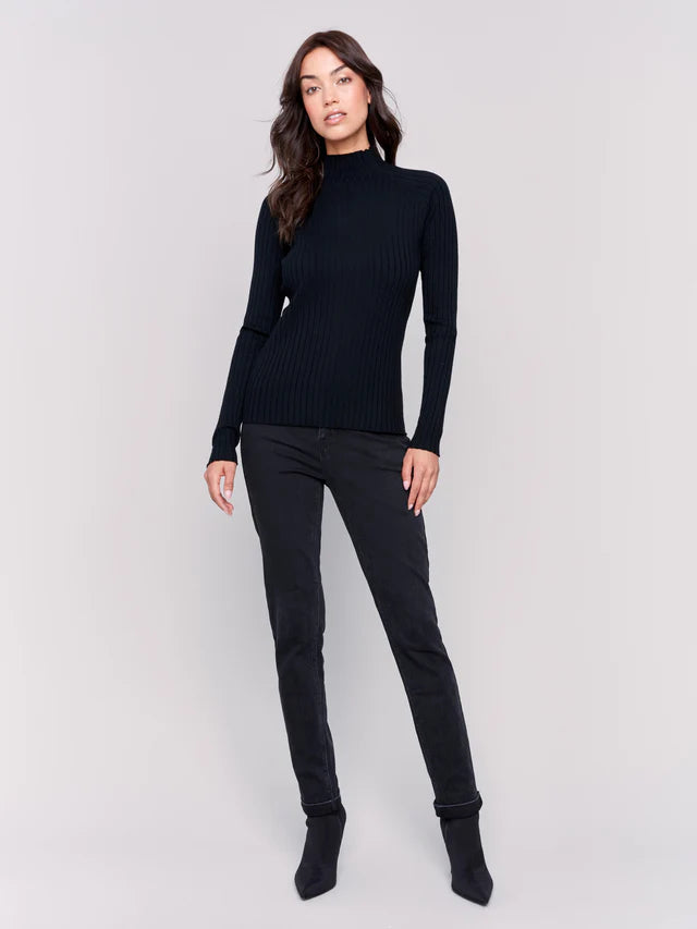 Mock Neck Ribbed Fine Sweater Knit - Black Sweaters Charlie B   