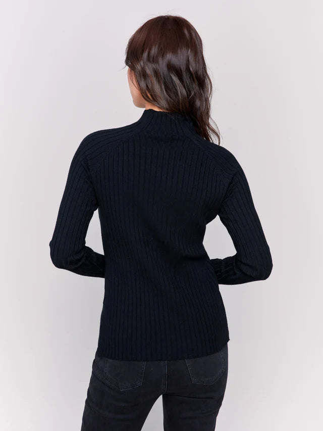 Mock Neck Ribbed Fine Sweater Knit - Black Sweaters Charlie B   