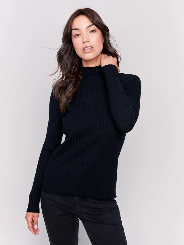 Mock Neck Ribbed Fine Sweater Knit - Black Sweaters Charlie B   