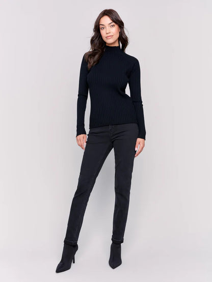 Mock Neck Ribbed Fine Sweater Knit - Black Sweaters Charlie B   