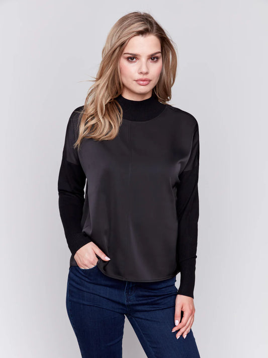 Mock Neck Satin Knit Combo Top - Black TOP Charlie B   