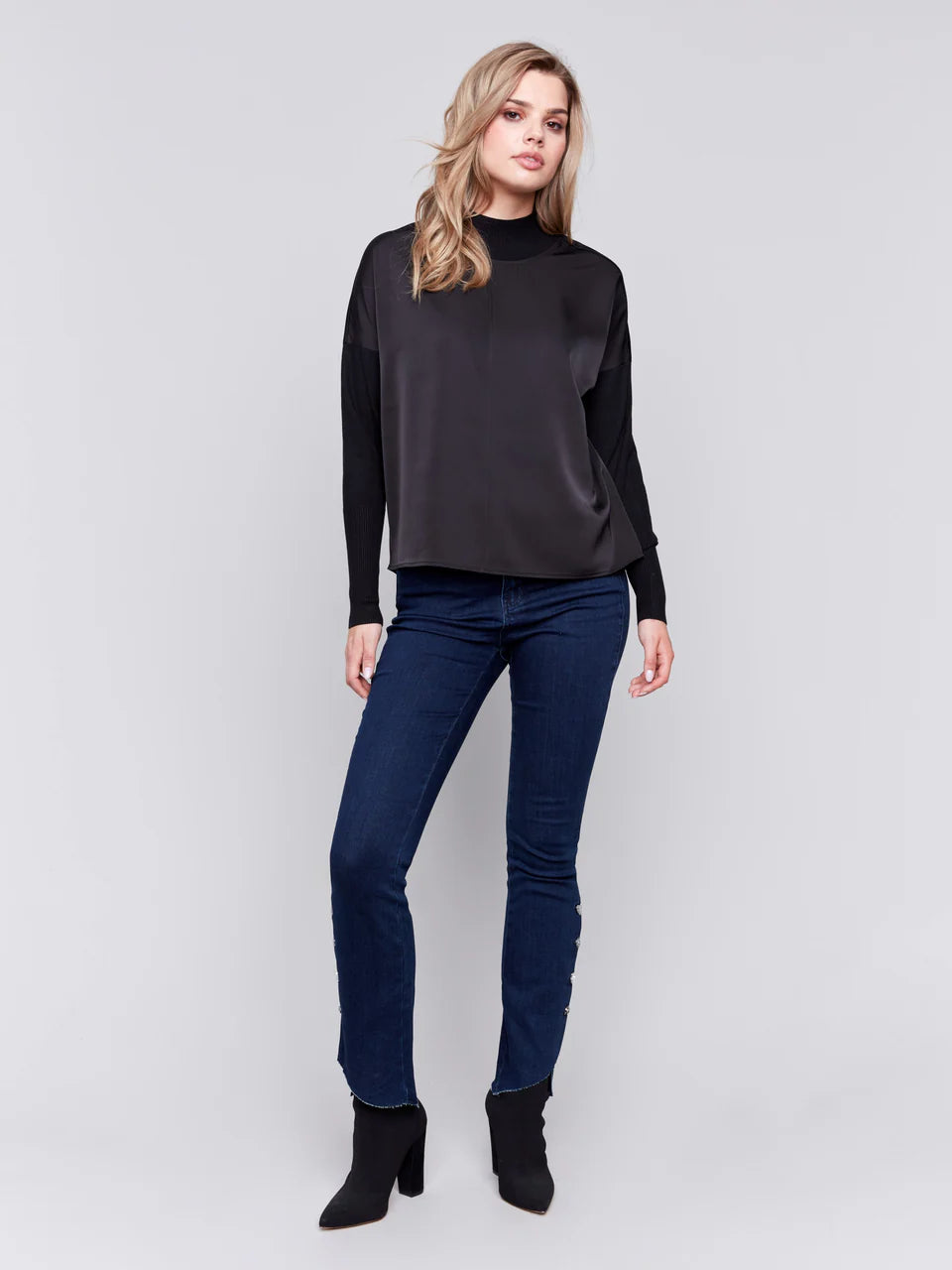 Mock Neck Satin Knit Combo Top - Black TOP Charlie B   