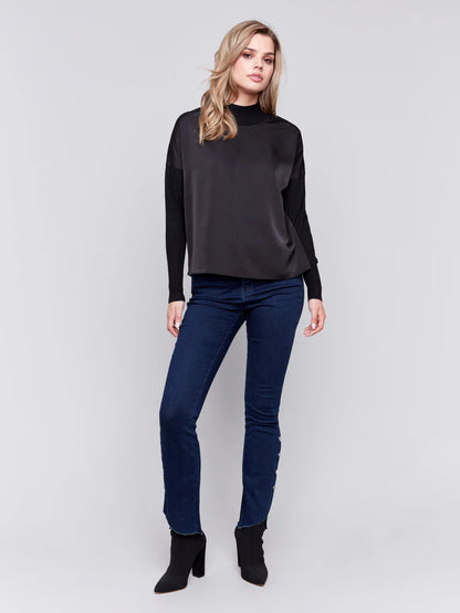 Mock Neck Satin Knit Combo Top - Black TOP Charlie B   