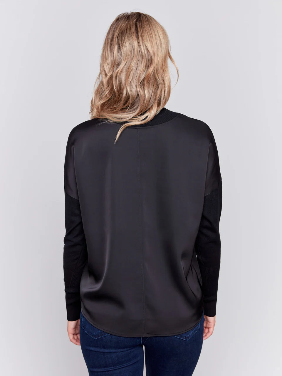 Mock Neck Satin Knit Combo Top - Black TOP Charlie B   