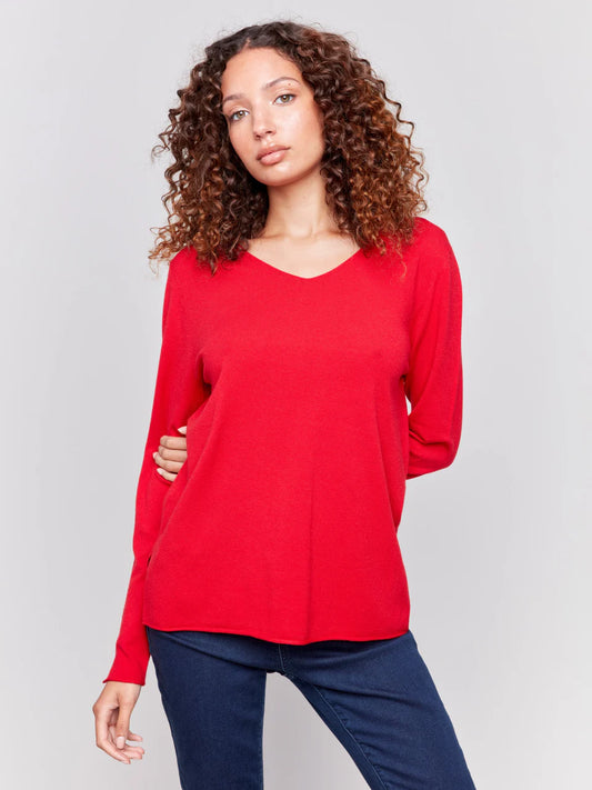 V-Neck Long Sleeve Plushy Basic Sweater - Cranberry Sweaters Charlie B   