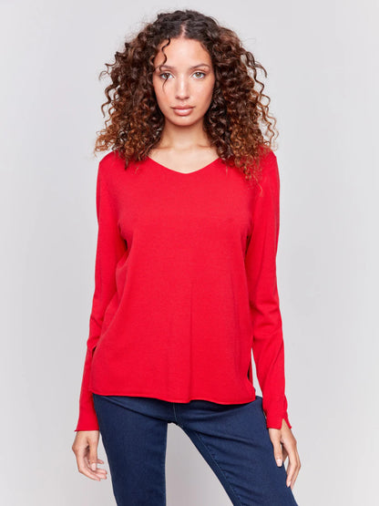 V-Neck Long Sleeve Plushy Basic Sweater - Cranberry TOP Charlie B   