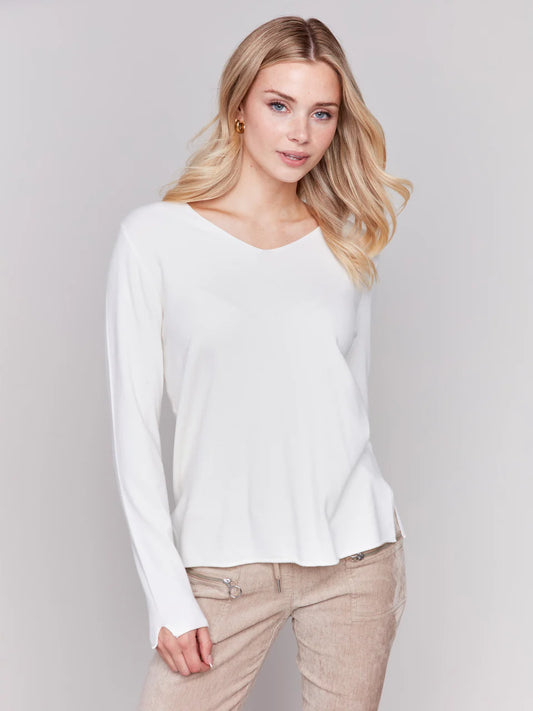 V-Neck Long Sleeve Plushy Basic Sweater - Ecru TOP Charlie B   