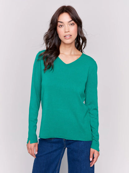 V-Neck Long Sleeve Plushy Basic Sweater - Forest Green TOP Charlie B   