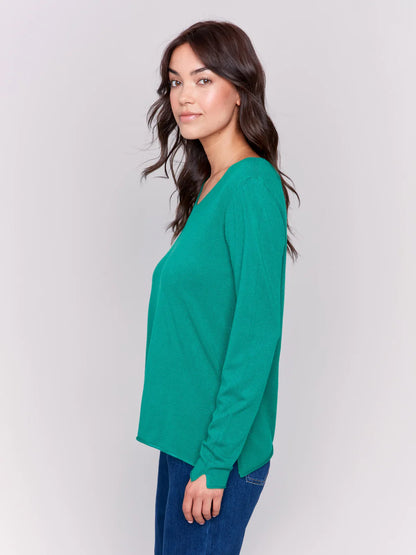 V-Neck Long Sleeve Plushy Basic Sweater - Forest Green TOP Charlie B   