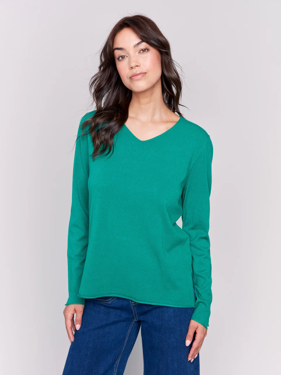 V-Neck Long Sleeve Plushy Basic Sweater - Forest Green TOP Charlie B   