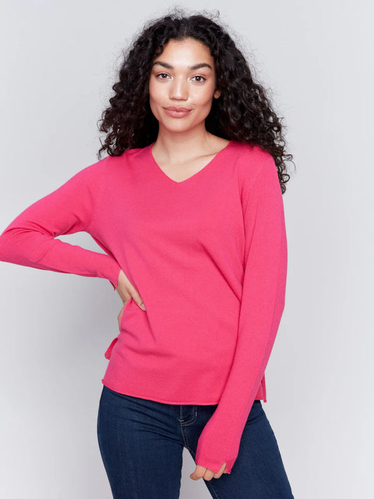 V-Neck Long Sleeve Plushy Basic Sweater - Magenta Sweaters Charlie B   