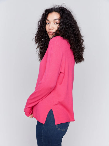 V-Neck Long Sleeve Plushy Basic Sweater - Magenta TOP Charlie B   