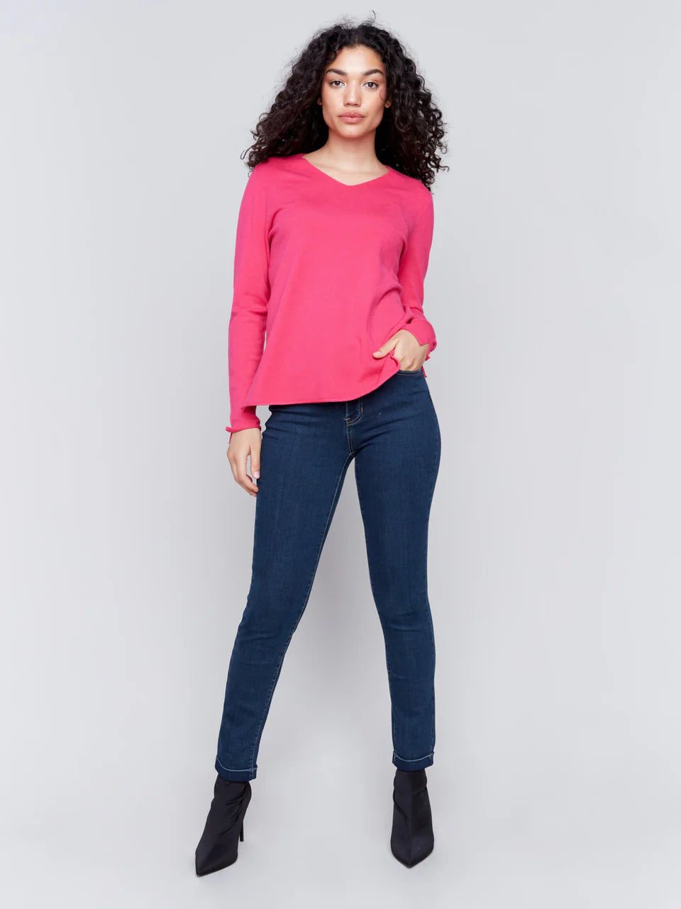 V-Neck Long Sleeve Plushy Basic Sweater - Magenta TOP Charlie B   