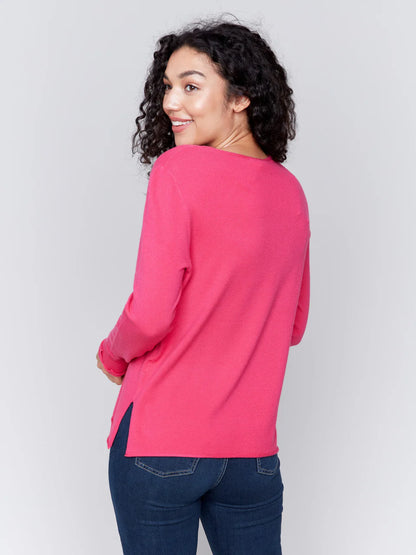 V-Neck Long Sleeve Plushy Basic Sweater - Magenta TOP Charlie B   