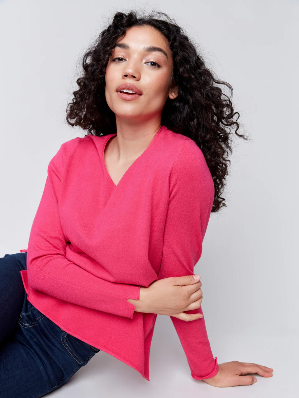 V-Neck Long Sleeve Plushy Basic Sweater - Magenta TOP Charlie B   