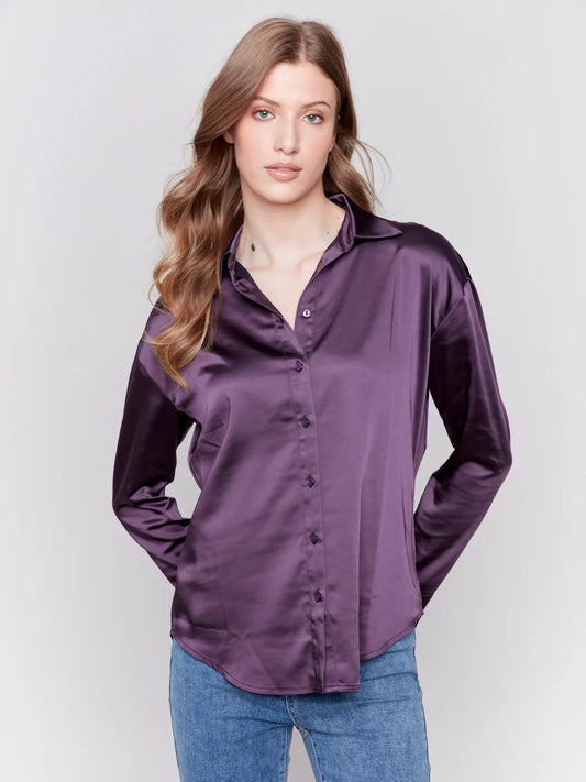 Solid Satin Button-Down Shirt - Plum Button Up Shirts Charlie B   