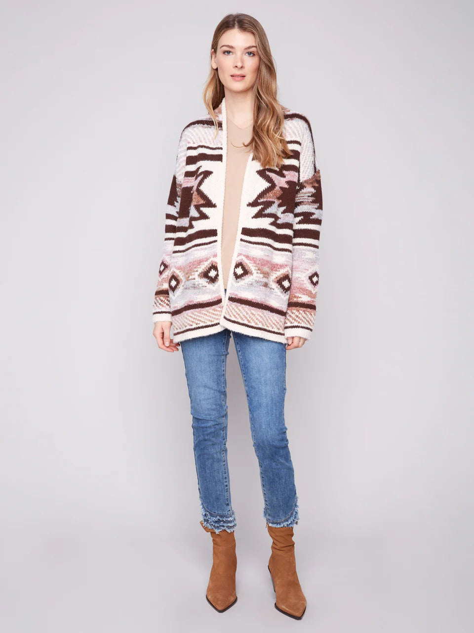 Space Dye Jacquard Cardigan - Rosewood CARDYORJKT Charlie B
