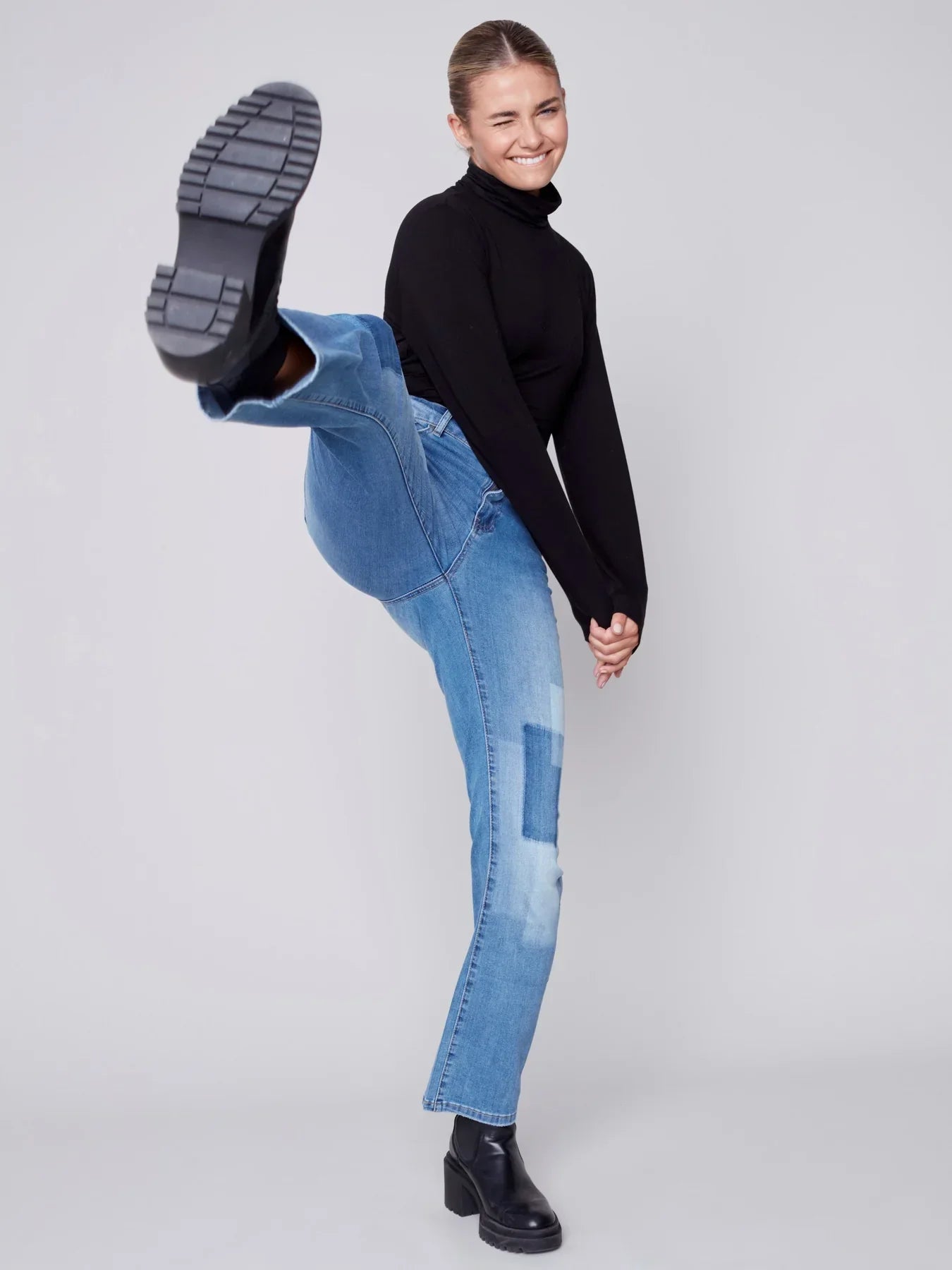 Straight Leg Jeans with Trompe L’Oeil Patch Detail - Medium Blue Jeans Charlie B   