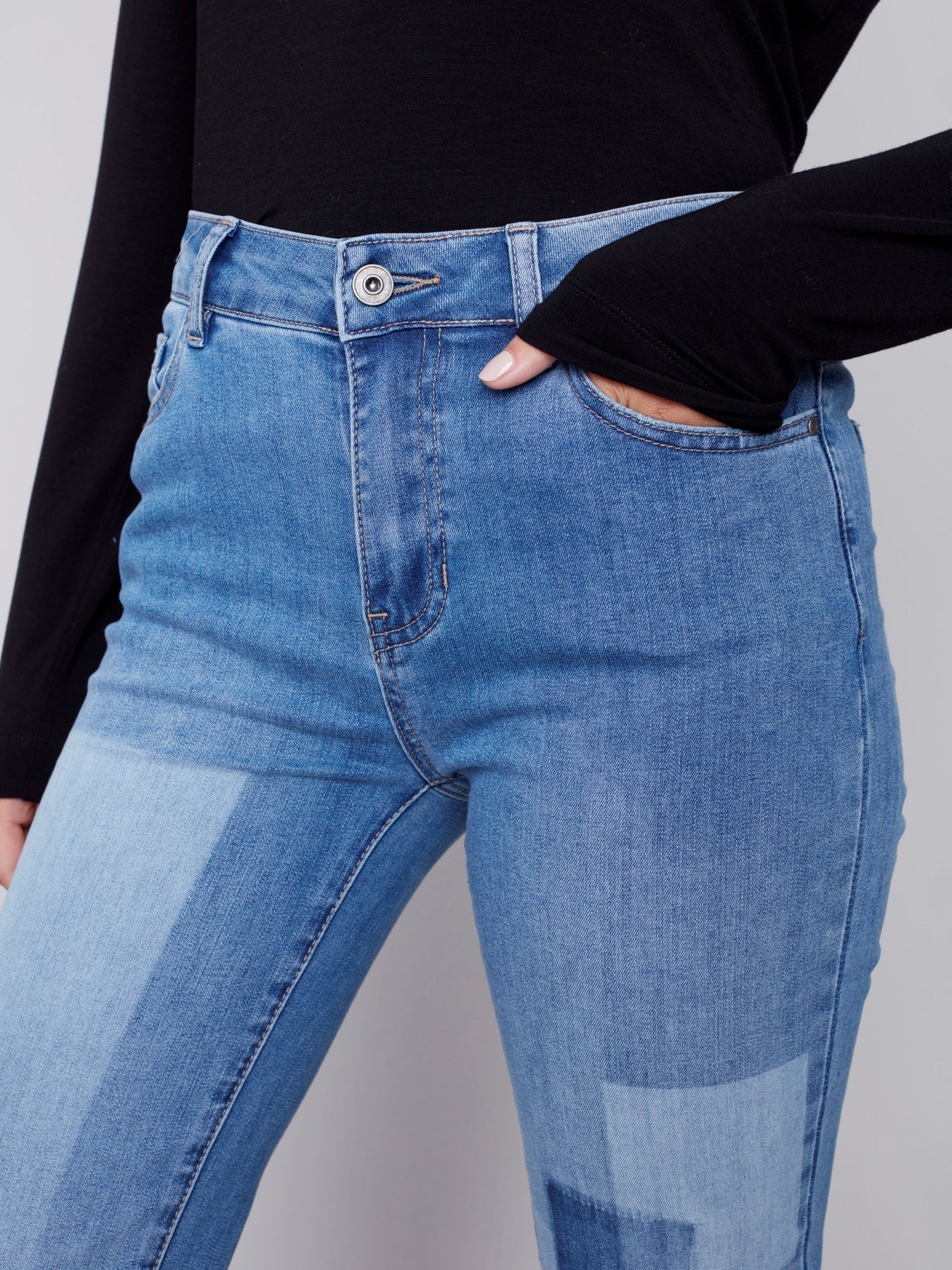 Straight Leg Jeans with Trompe L’Oeil Patch Detail - Medium Blue Jeans Charlie B   