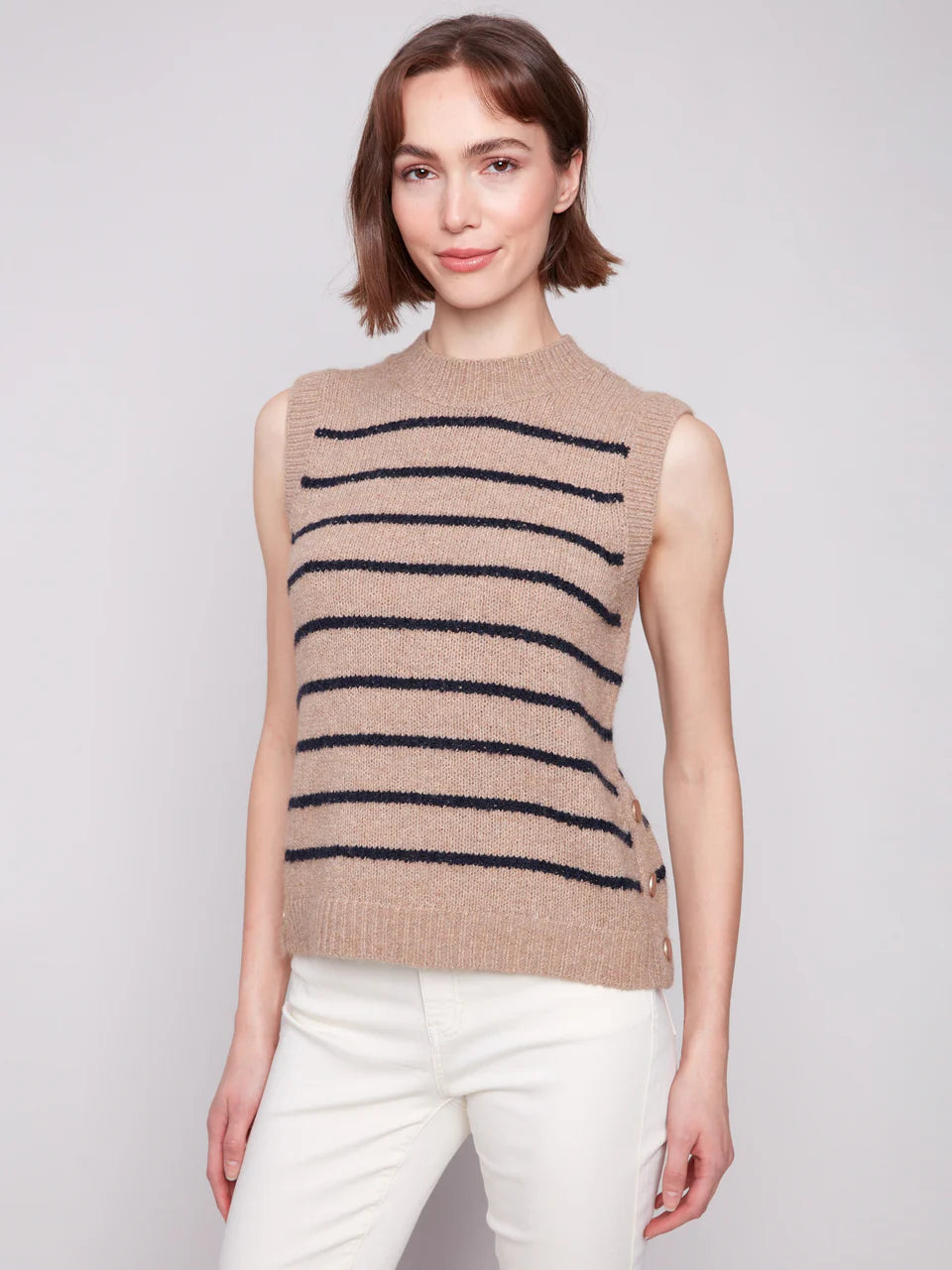 Striped Sleeveless Sweater Vest - Heather Camel VESTS Charlie B