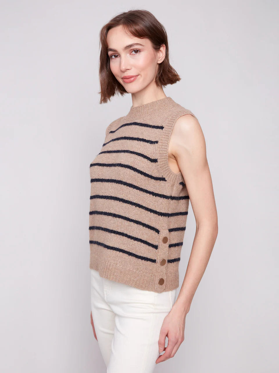 Striped Sleeveless Sweater Vest - Heather Camel VESTS Charlie B