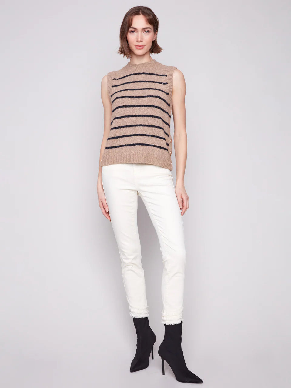 Striped Sleeveless Sweater Vest - Heather Camel VESTS Charlie B