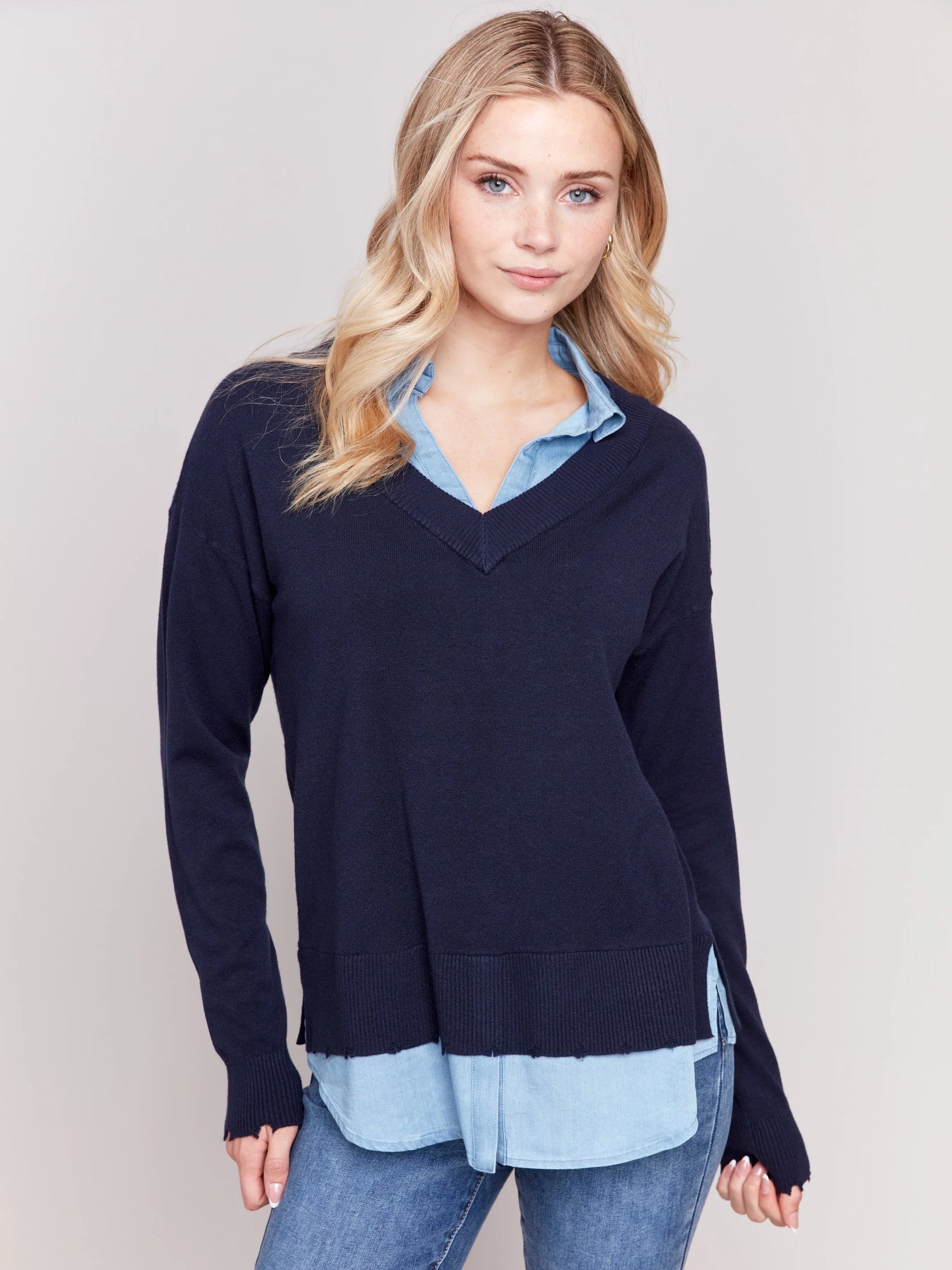 Charlie B Fooler Sweater with Shirt Collar M Navy