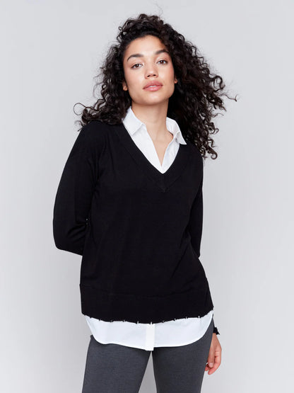 Knit Sweater with White Collar - Black TOP Charlie B   