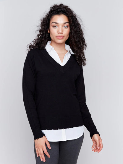 Knit Sweater with White Collar - Black TOP Charlie B   