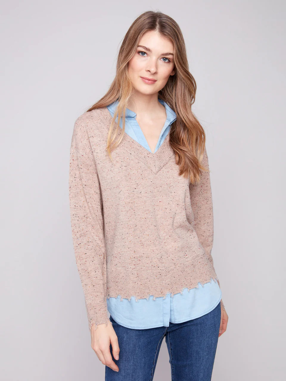 V-Neck Fooler Sweater With Shirt Collar - Oat Flecks TOP Charlie B