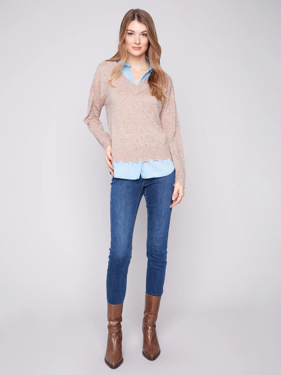 V-Neck Fooler Sweater With Shirt Collar - Oat Flecks TOP Charlie B