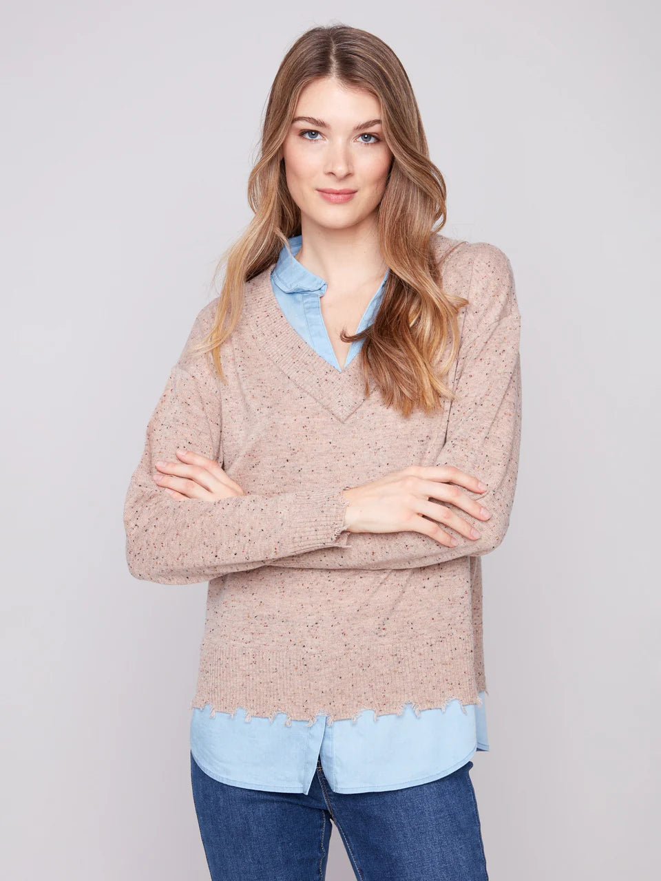 V-Neck Fooler Sweater With Shirt Collar - Oat Flecks TOP Charlie B