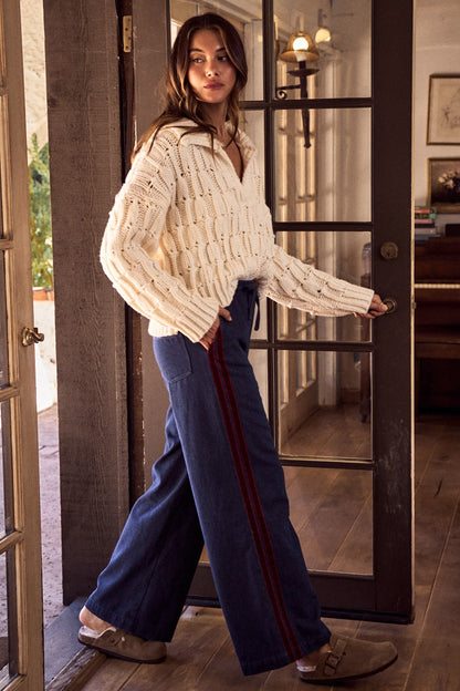 Maroon Velvet Stripe Denim Wide Leg Pants