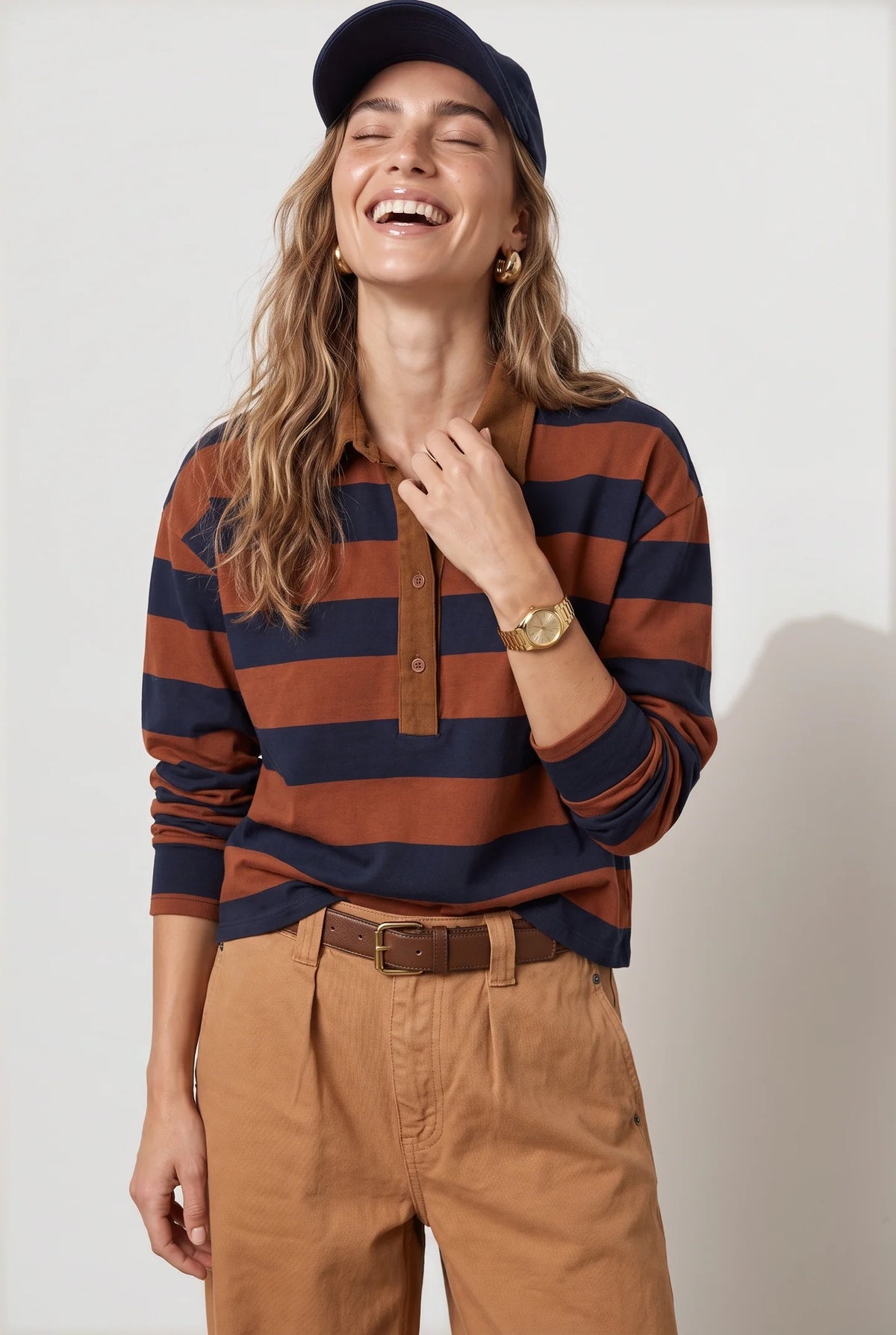 The Rugby Crop Shirt - Tobacco/Navy