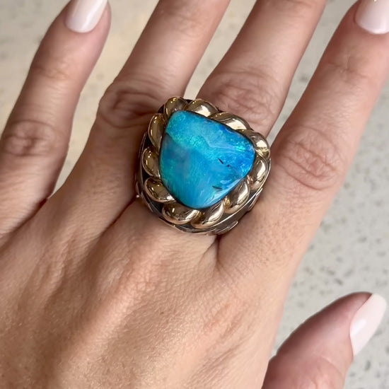 Large Triangular Blue Opal with Gold Scalloped Top "Signature" Ring Rings Dian Malouf