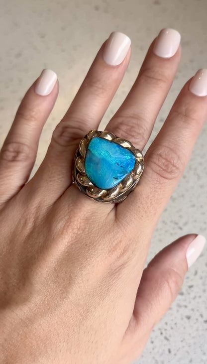Large Triangular Blue Opal with Gold Scalloped Top "Signature" Ring Rings Dian Malouf