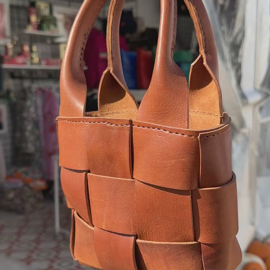 Leather Woven Small Handbag - Camel HANDBAGS Indigo Laine