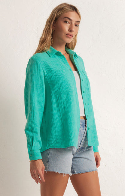 Kaili Button Up Gauze Top - Cabana Green Button Up Shirts Z-Supply   
