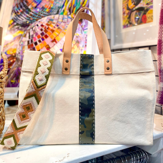 Large Cotton Canvas Tote with Leather Stripe Totes Helene Thomas   