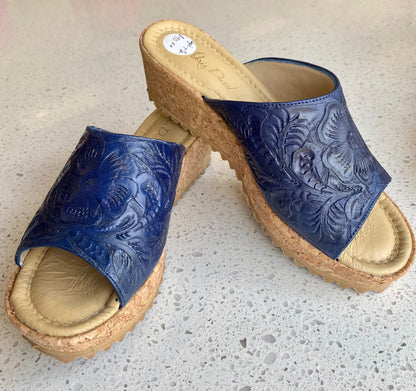 Hand-Tooled Leather 2” Cork Low Heel Heels Hide and Chic Navy  