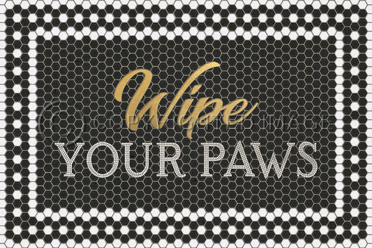 Custom Vinyl Floor Mat - Black Mosaic with Customized White 46th Street Text & Gold Script: "Wipe Your Paws"" Custom Wording spicher and co   