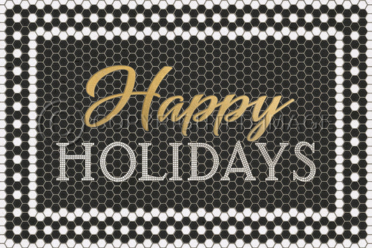 Custom Vinyl Floor Mat - Black Mosaic with Customized White 46th Street Text & Gold Script: "Happy Holidays"" Custom Wording spicher and co   