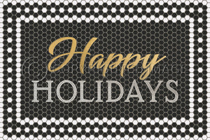 Custom Vinyl Floor Mat - Black Mosaic with Customized White 46th Street Text & Gold Script: "Happy Holidays""