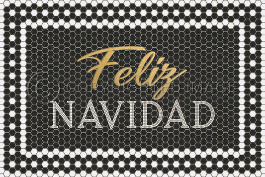 Custom Vinyl Floor Mat - Black Mosaic with Customized White 46th Street Text & Gold Script: "Feliz Navidad" Custom Wording spicher and co   