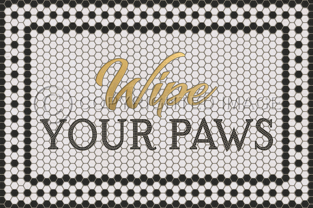 Custom Vinyl Floor Mat - White Mosaic with Customized Black 8th Ave Text & Gold Script: "Wipe Your Paws" Custom Wording spicher and co   