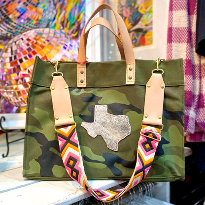 Large Printed Canvas Tote with Cowhide Texas Totes Helene Thomas   
